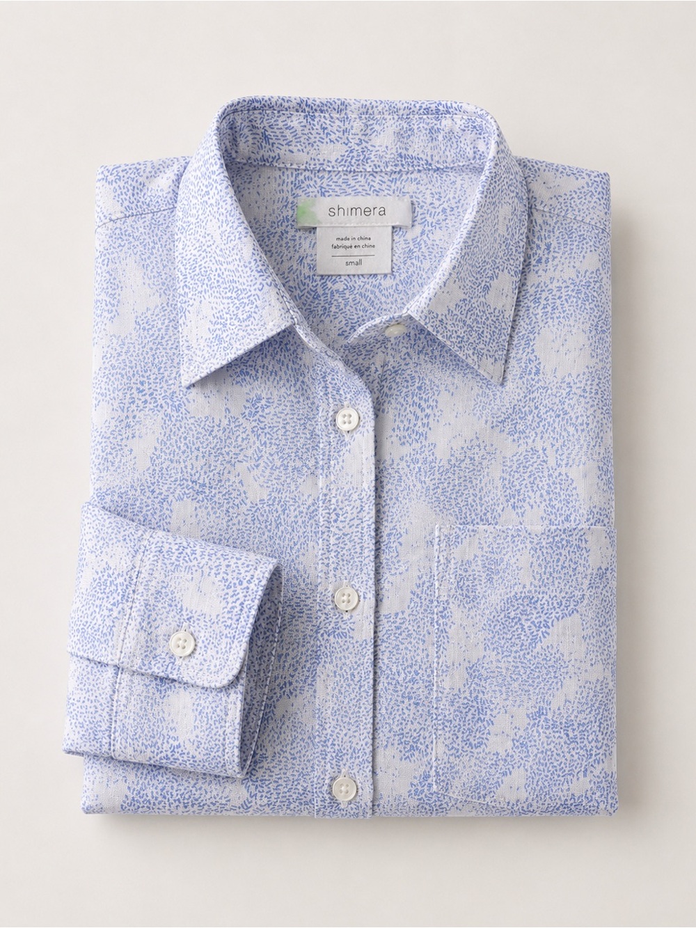 SHIMERA White & Blue Abstract Palm Print Blouse Shirt Button Up Feminine Sz: S